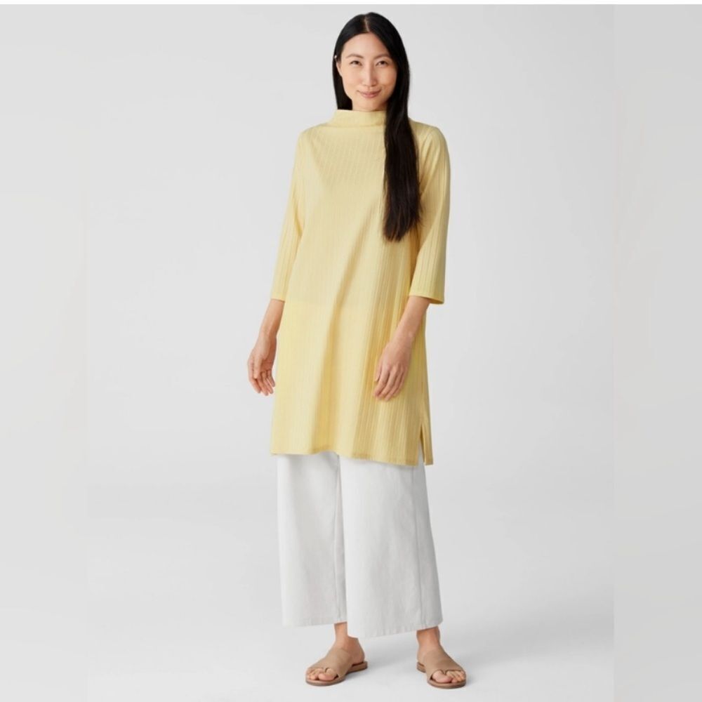 Eileen Fisher Washable Stretch Funnel Neck Dress Yellow Size Medium